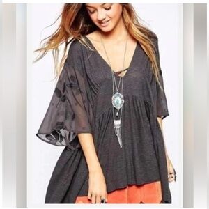 Free People New World Sunny Kaftan dark charcoal grey V-Neck oversized Tunic top